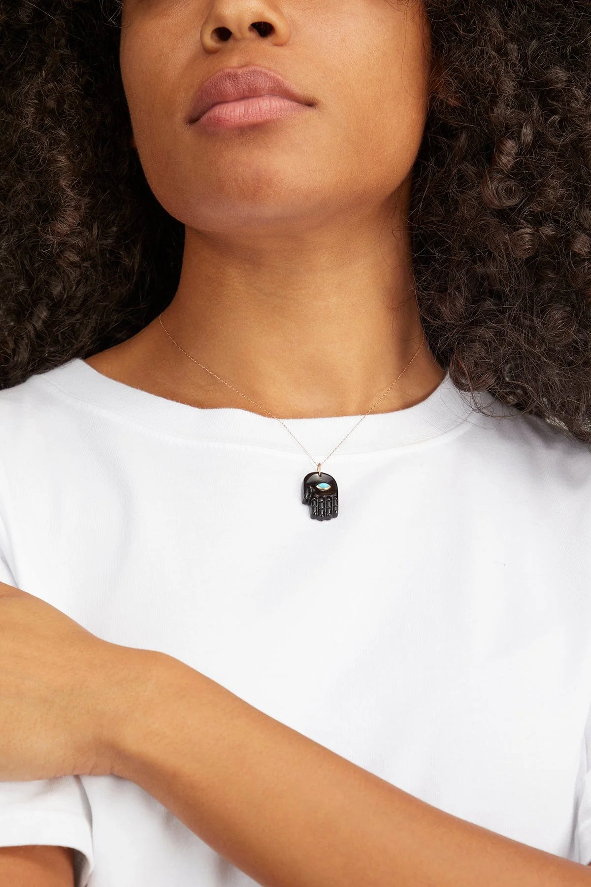 Black Onyx Hamsa Pendant with Turquoise Marquise - Image 2